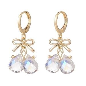 Alloy Bowknot with Glass Teardrop Dangle Leverback Earrings, Gold‎ Plated…